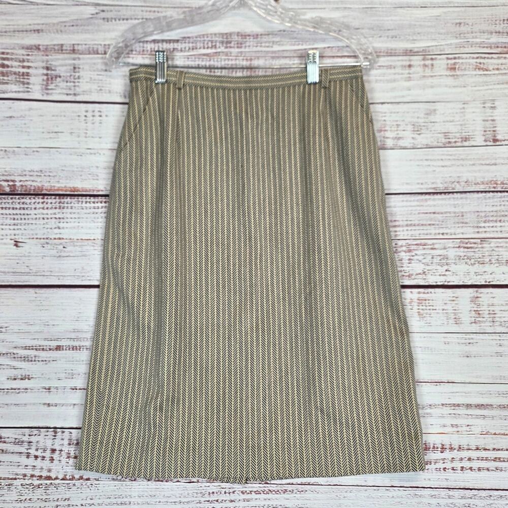 Escade Wool Silk Blend Skirt Sz 10 Tan Chevron Twill Slit Pockets Career Office